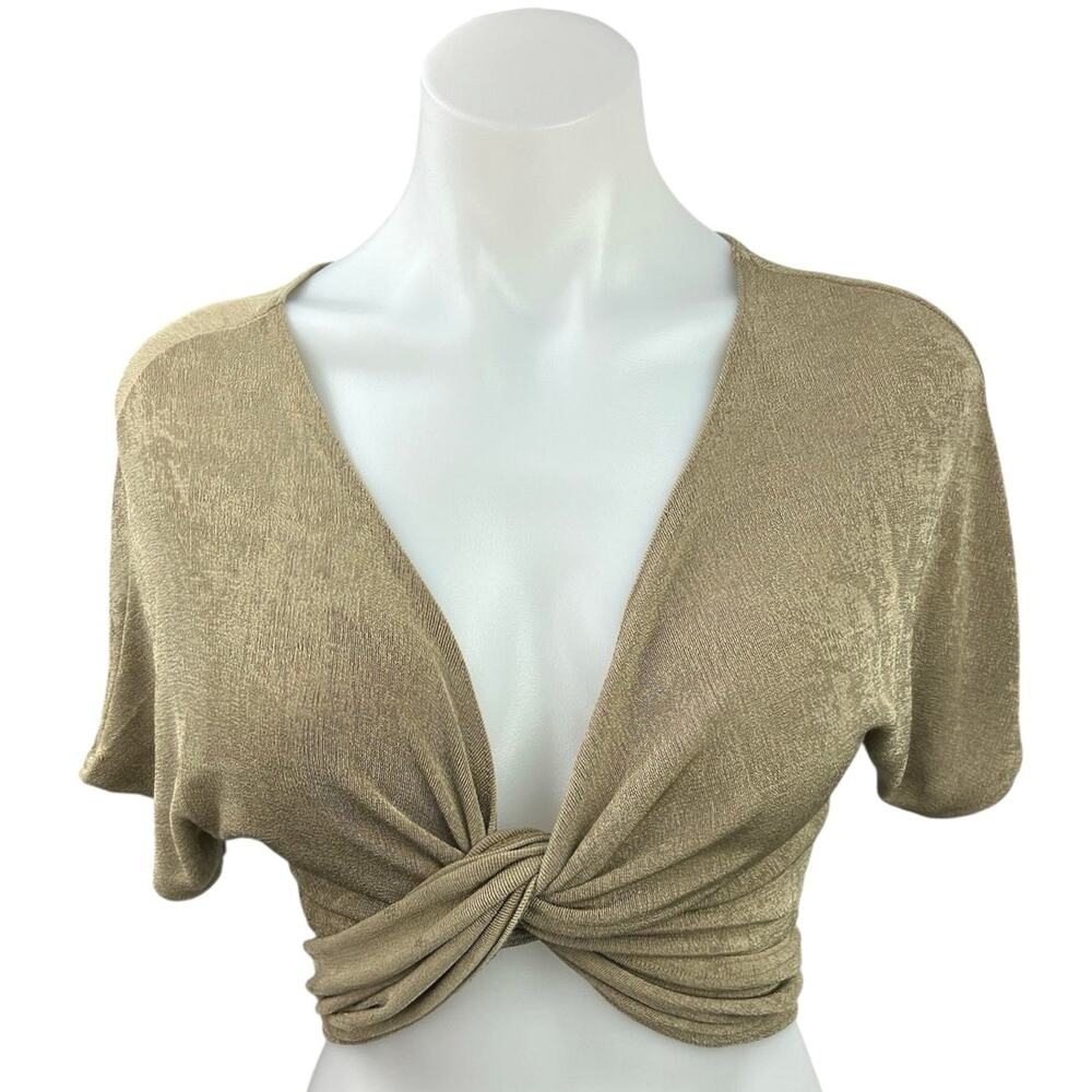 NEW 12th Tribe Tan Twist Front Plunging Neck Tie Waist Short Sleeve Crop Top S